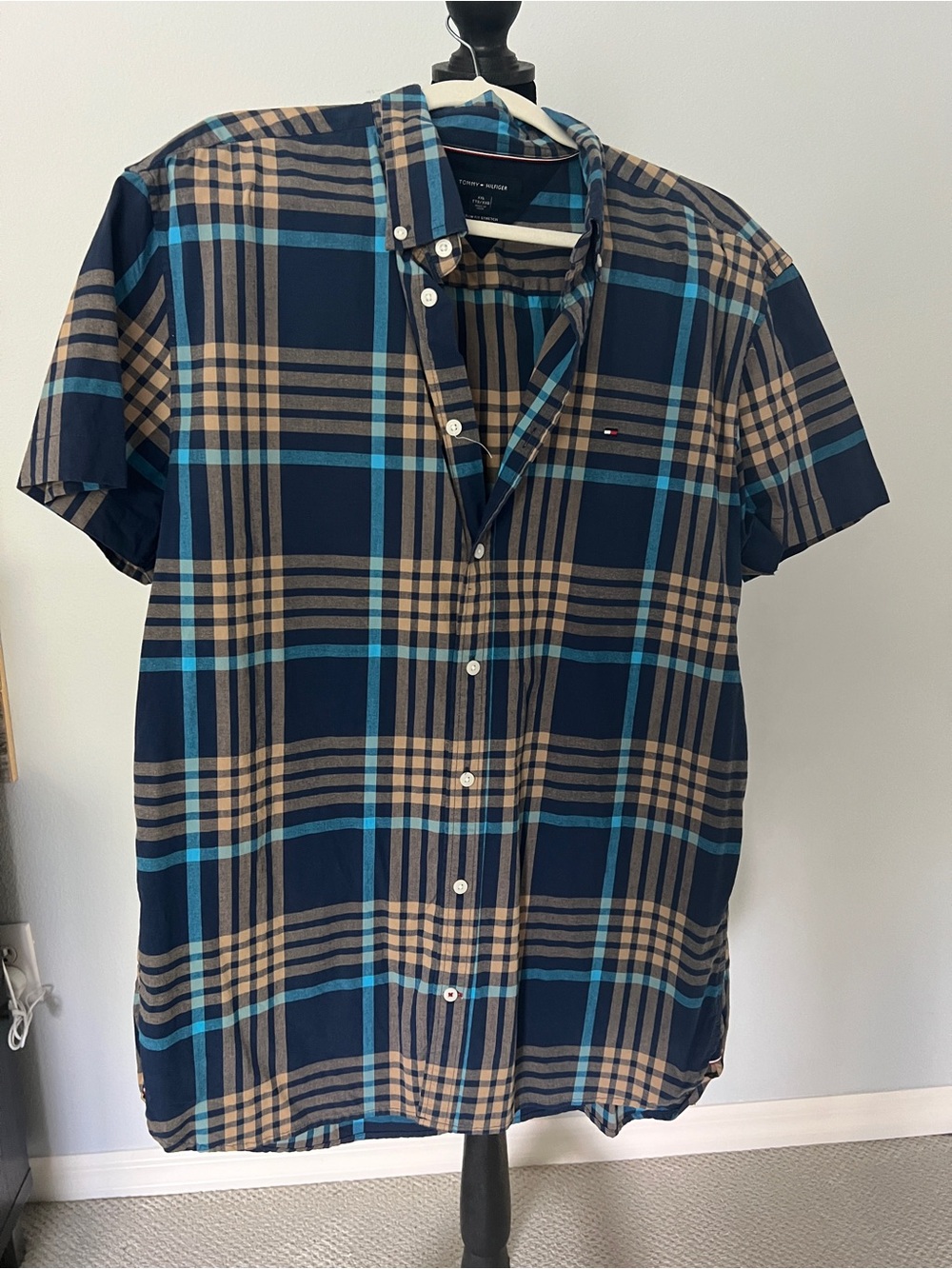 Tommy Hilfiger Navy, Tan & Light Blue Plaid Short Sleeve Button-Down